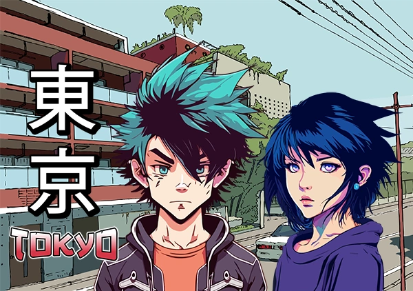 Chica y chico protagonistas de un cómic manga en Tokio.