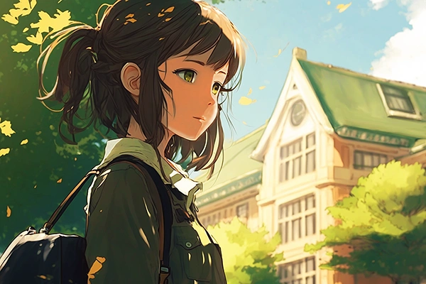 Ilustración manga de una chica saliendo de la escuela.