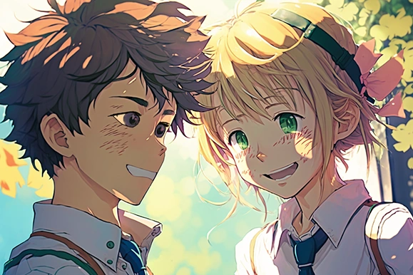 Dibujo manga de un chico y una chica amigos.