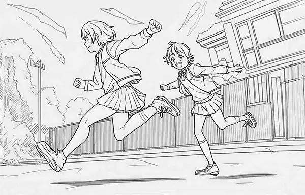 Plantilla de dibujo manga, dibujo de 2 chicas felices corriendo y saltando al salir de clase. Imagen grande.
