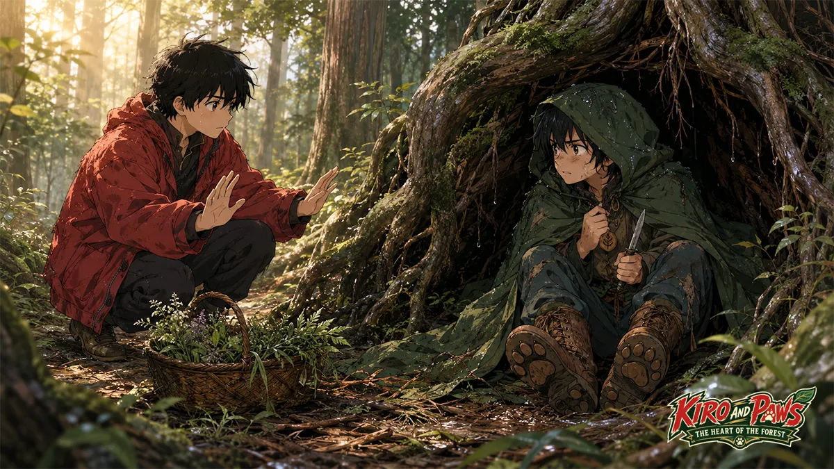 History with illustrations in manga-style. Kiro and Paws: The Heart of the Forest, image 1