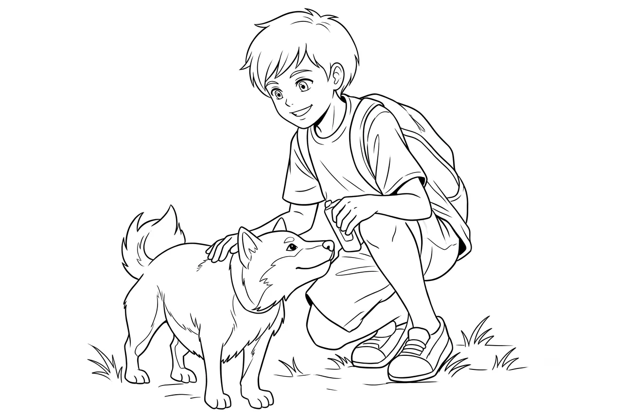 Dibujo manga para colorear de un chico con un perro. Dibujo manga para colorear de un chico con un perro.
